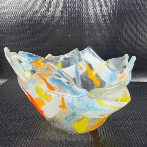 Vintage Hand Made Fused Art Glass Votive Holder Dish Bowl Multicolored Glass VTG - Picture 2 of 8